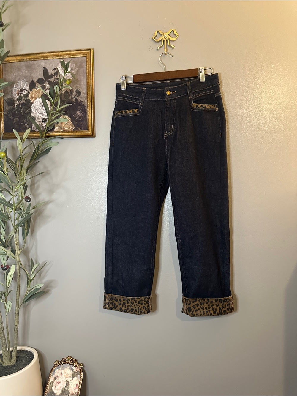 Leopard Cuff Capri Jeans L Dark Wash Stretch Denim Y2K Rockabilly - Picture 5 of 9